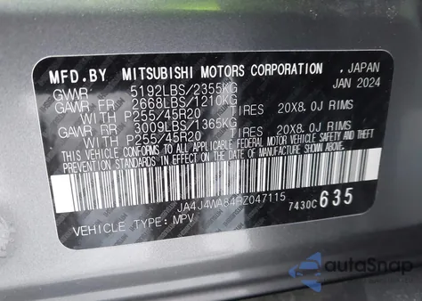 2024 Mitsubishi Outlander Sel 2.5 S-Awc из США, поврежденный, VIN JA4J4WA84RZ047115